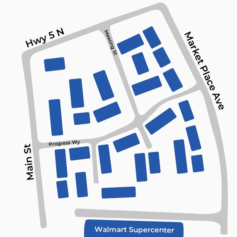 Map of Market Place Center showing Progress Way, Meeting Street, Market Place Avenue, Main Street and Hwy 5 North